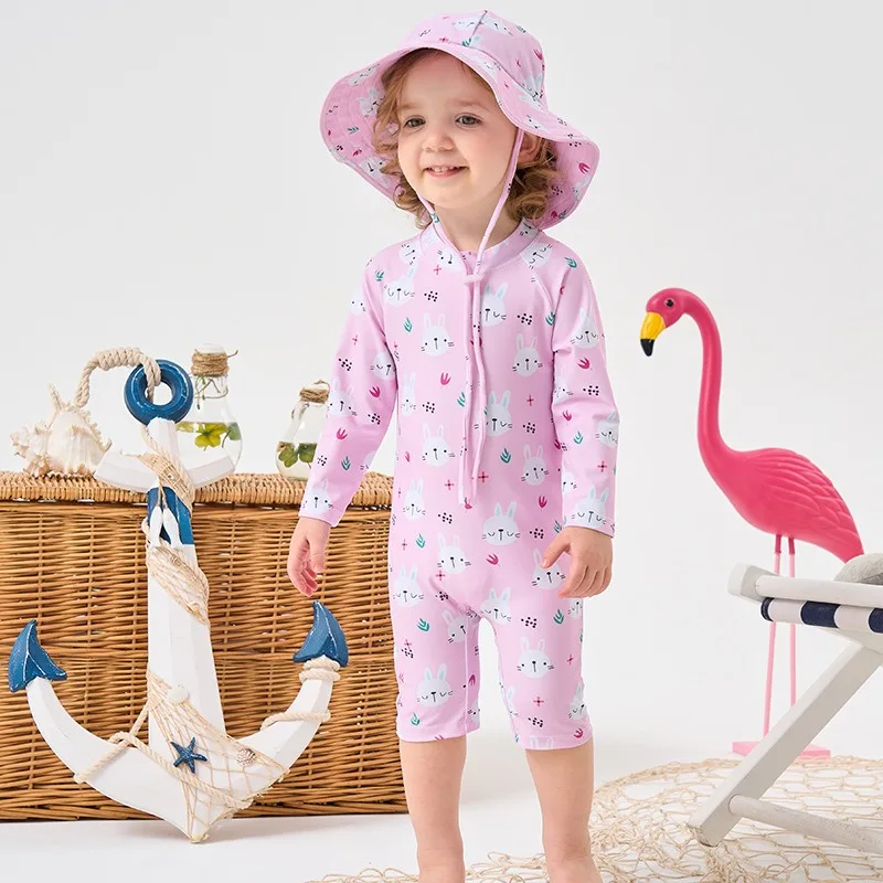 

Летний детский купальник-рашгард с длинным рукавом для девочек, быстросохнущий, для серфинга, с панамкой от солнца