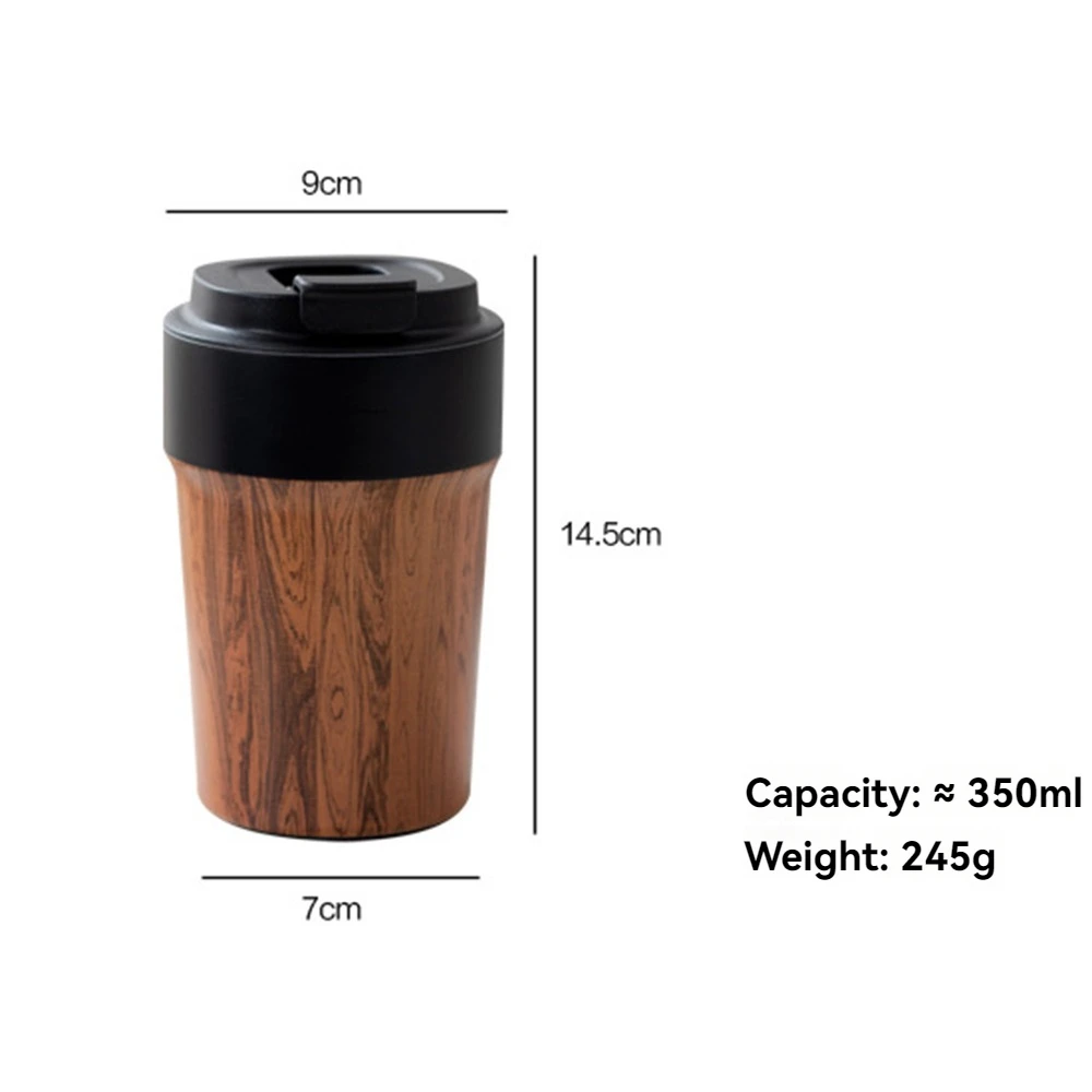 Portable Wood Grain Coffee Mug with Lids Vacuum Insulated Tumbler Thermos Cup for Keep Coffee Tea Hot Cold Inner Ceramic Coating