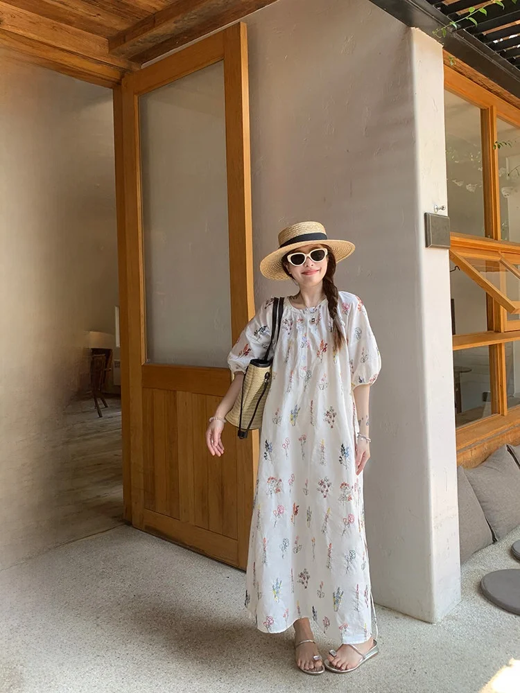 

EVNSLE "Jasmine Flower" Mid-Length Cotton Embroidered Dr Five-Quarter Sve Waist-Cinching Holiday Dr Sweet Sle