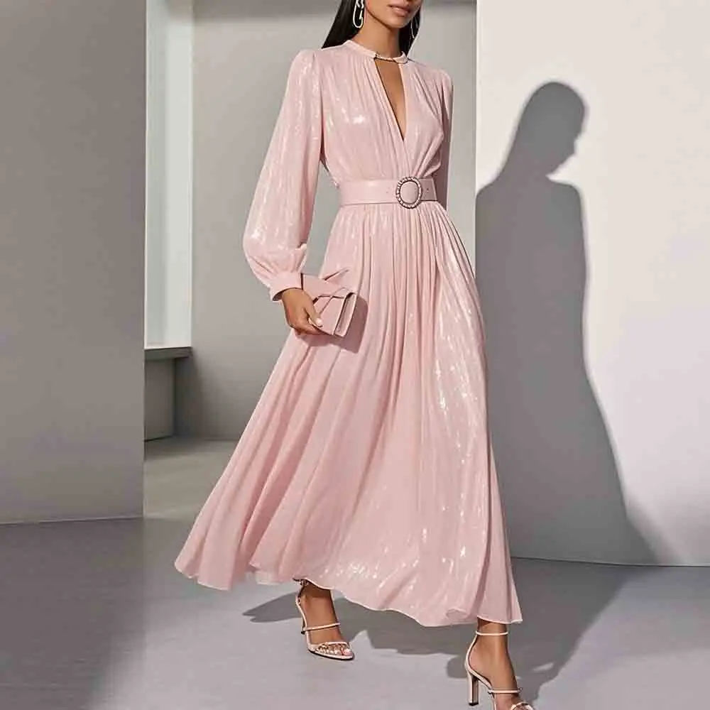 

Customized Shimmering Pink Prom Dress Keyhole Neck Lantern Sleeve Maxi Dress A Line Midi Length Formal Evening Party Gown