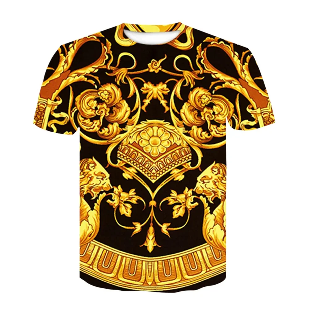 2024 summer baroque fashion t-shirt 3d digital printing t-shirt men and women retro luxury royal printing gold flower brand t-sh