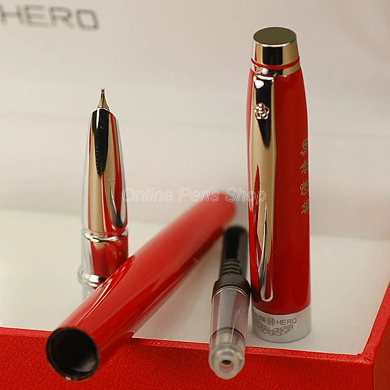 Hero 3015A Red & Silver Metal Fountain Pen Fine Nib 0.5mm Writing Pen