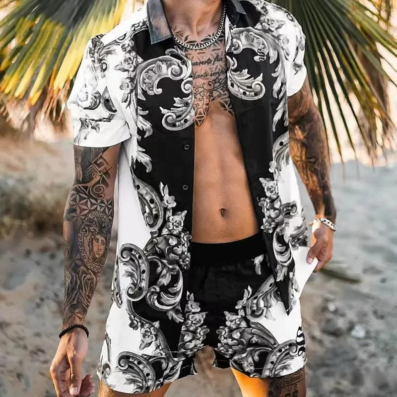 Vintage Flower Men Shirts Sets Summer Golden Horse Print Beach Short Sleeve Shirt Shorts Casual Trip Mens Hawaiian 2 Piece Suits