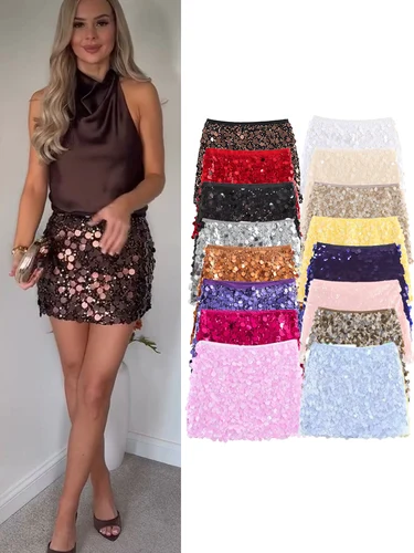 Faldas cortas con lentejuelas para mujer, minifaldas informales elegantes con cremallera lateral, cintura alta, a la moda, Streetweae