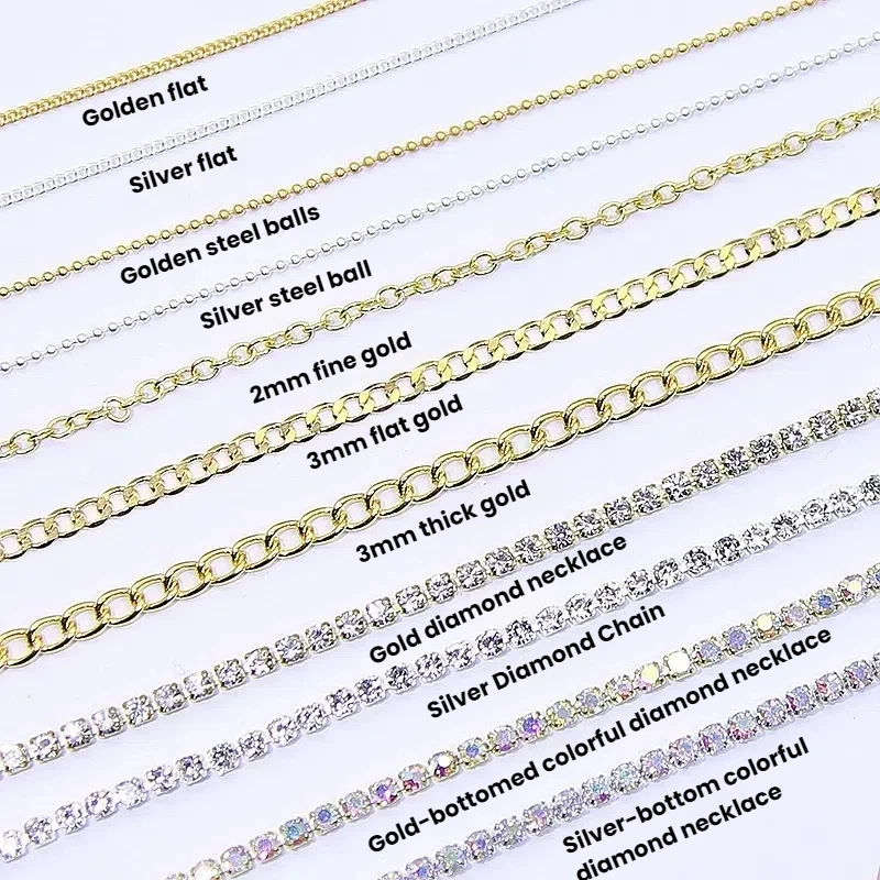 Nail Art Metal Flat Chain Set Gold/Silver Beads Chain Rainbow Diamond Claw Chain Nail Decorations Trendy Manicure Accessories