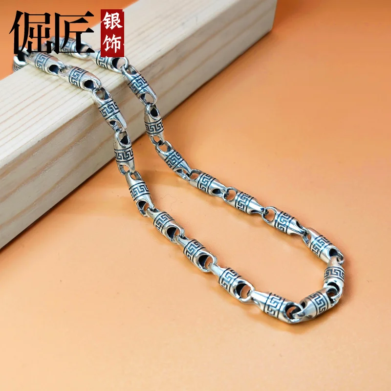 Chain925Silver Men's Silver Necklace Retro Men Domineering Long Thick plus Size Thick Type Domineering Thai Silver Chain