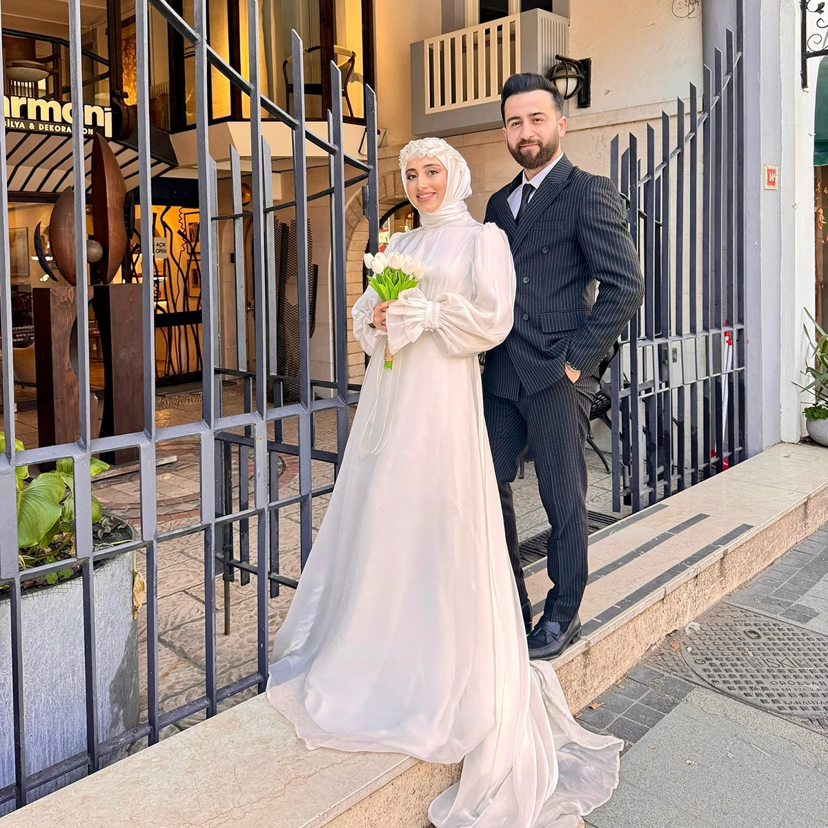 Vestido de noiva muçulmano de organza, mangas longas inchadas, gola alta com babados, vestidos de noiva modestos, estilo árabe, modesto