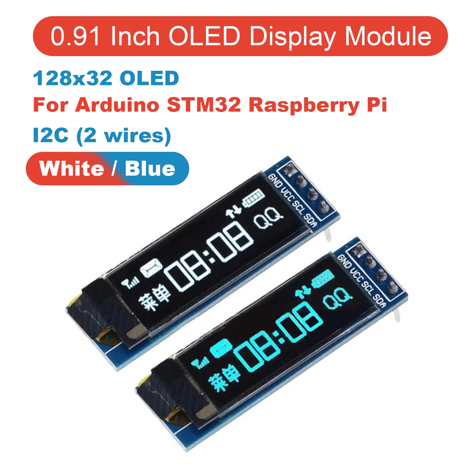 0.91 Inch OLED Display Module I2C SSD1306 128x32 Resolution 3.3V-5V for Arduino Low Power DIY WhiteBlue IoT Display No Backlight