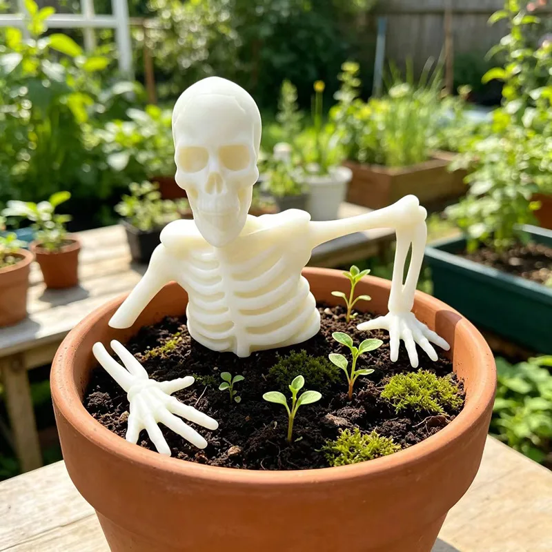 Funny 3D Printed Half Buried Skeleton Figurine Halloween Half Body Skull Ornament for Bonsai Pot Garden Plant Desk Party Decor