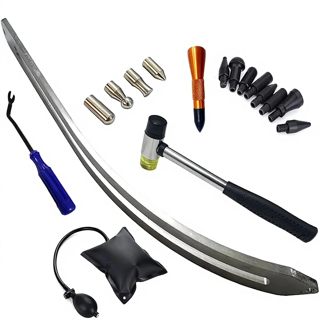 Big Size Dent Rods Paintless Car Dent Tool Kit Curved Rod Crowbar Air Pump Suction Bag for Front Damage Repair