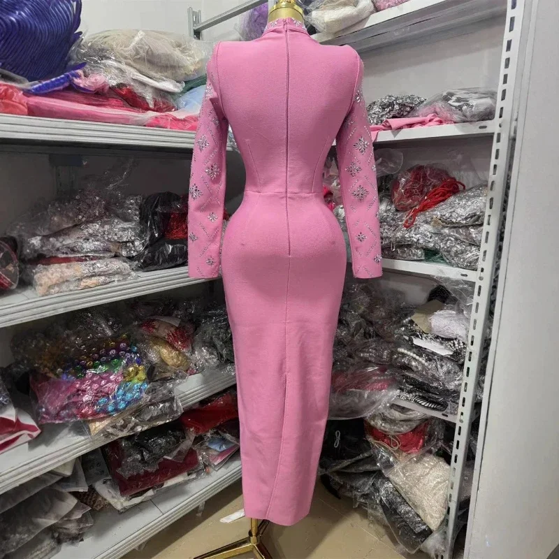 Eleganckie sukienki bandażowe z dżetami, dopasowane do ciała, z wysokim dekoltem, długim rękawem, długie sukienki Y2K, sukienki wieczorowe, na studniówkę, urodziny, w stylu gwiazd.