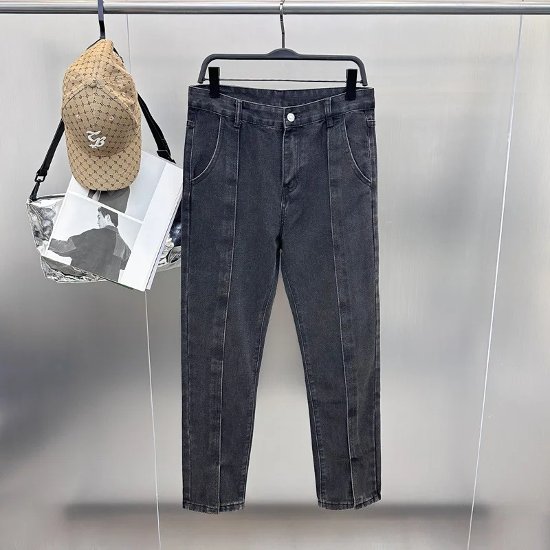 

Джинсы Slim Fit в корейском стиле, модные, с воротником-стойкой, повседневные, универсальные, прямого кроя, длинные брюки для молодых мужчин