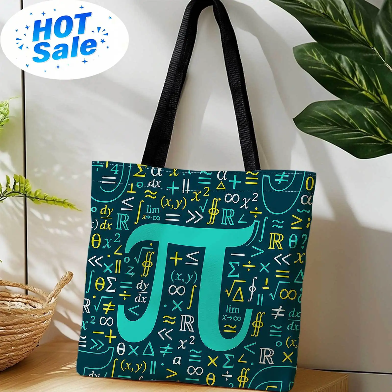 Double-Sided Printed Shopping Tote Bag with Mathematical Symbols, Pi (π), and Formulas on Teal Background. Lightweight, Foldable