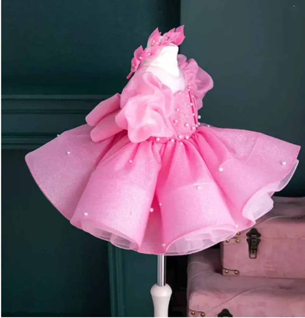 

Customized Pink Flower Girl Dresses For Wedding Short Sleeves With Bow Pearls Kids Birthday Party First Communion Pageant Gown