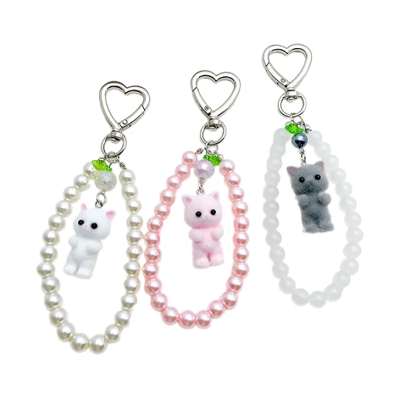 

Cute Flocked Kitten Beaded Keychain Pendant Mobile Phone Lanyard Love Keyring Anti-lost Rope Backpack Charms Car Bag Decor Gifts