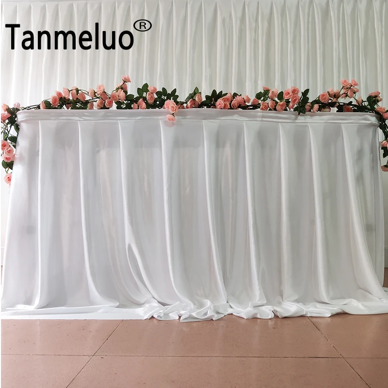 

H80xL300 CM White Pleated Table Skirts Thick Soft Satin Ice Silk Tablecloth Cover Wedding Stage Table Skirting for Event Party