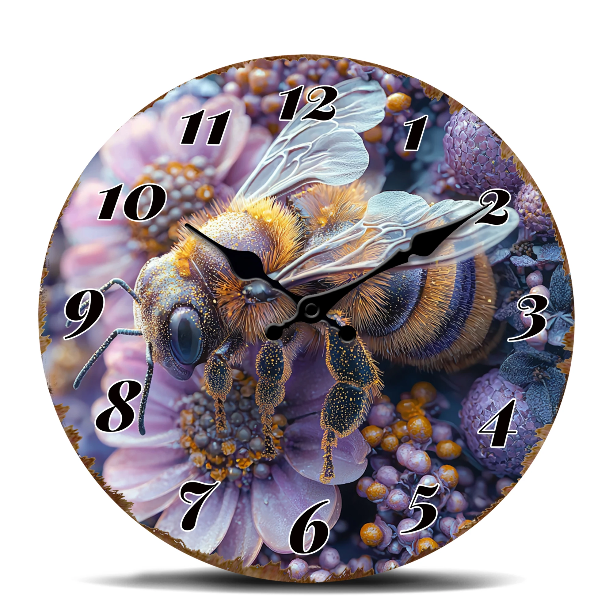 Biene auf Blumen, dekorative runde Wanduhr, Wohnaccessoire mit Naturthema, leise, nicht tickende Quarzuhr mit lebendigem Blumenarm