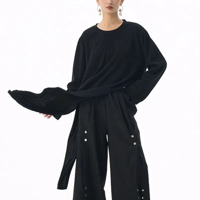 HKSH Primavera Autunno Nuove Donne Magliette e camicette Design Asimmetrico Colletto Rotondo Maniche Lunghe Twill Split Chic Alla Moda Elegante Casual HK16077