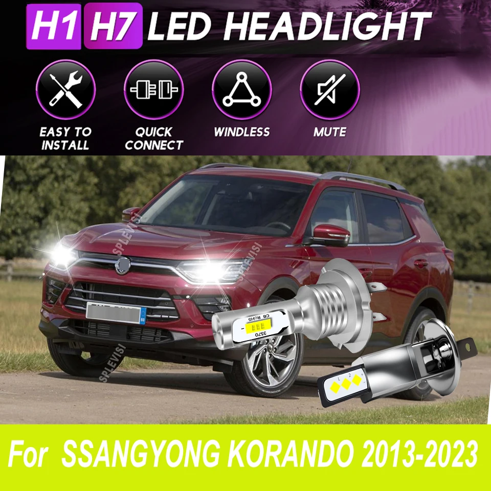 H1 H7 Main Dip Headlight LED Pure White Light - automotive-Grade Powersports chips For SSANGYONG KORANDO 2013 2014 2015-2023