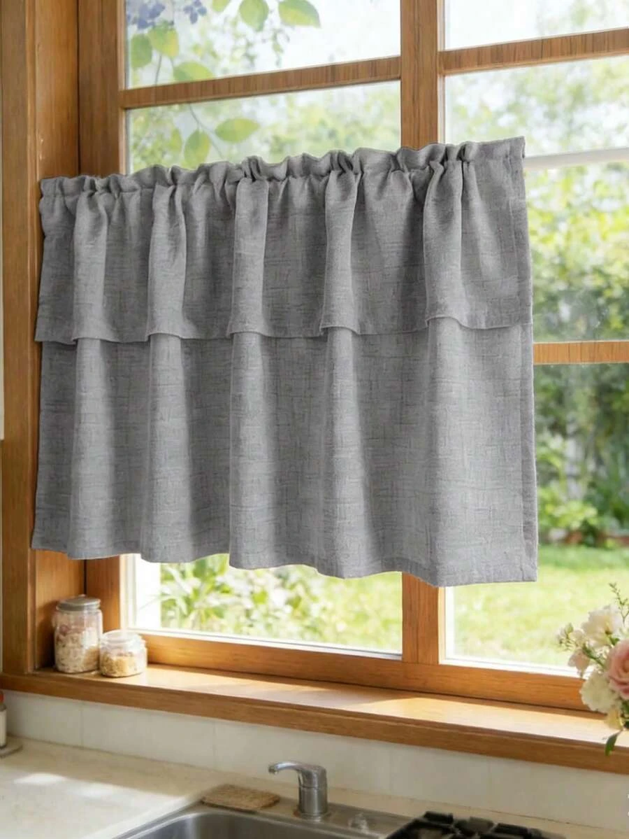 Grey Linen Tier Curtain, Rod Pocket Ruffled Short Cafe Curtain, Farmhouse Style Kitchen Sink Cabinet Window Valance Decor
