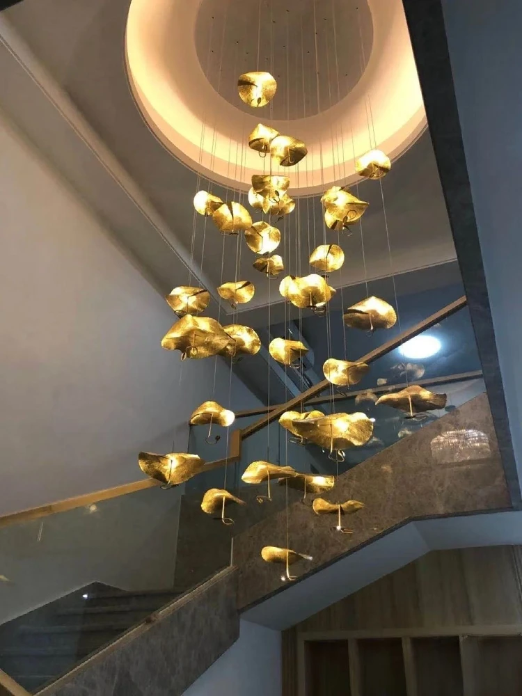 

Combination Style Chandelier Gold Lotus Brass Pendant Lamp Luster Ceiling Light Dimmable LED Adjustable Chain for Staircase