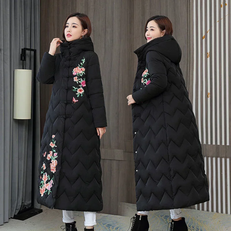 Pop Winter Down Cotton Padded Women Chinese National Style Embroidered Long Outwear Thickened Warm Hooded Parkas Coat Female