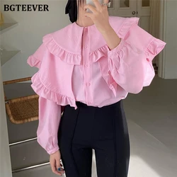 BGTEEVER Elegant Ruffles Long Sleeve Ladies Blouses Tops Fashion Loose Single-breasted Female Shirts