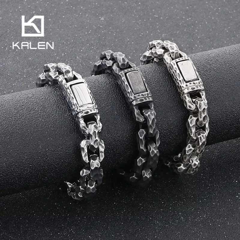 

Браслет KALEN из нержавеющей стали с эффектом ковки для мужчин, винтажный массивный трендовый аксессуар, длина 19-23 см, персонализированные толстые украшения