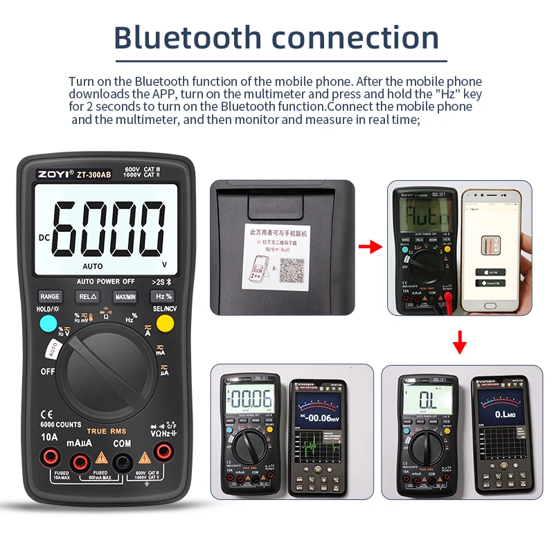 Imagem -03 - Multímetro Digital sem Fio True Rms Manual Auto Ranging 6000 Contagens Dmm Capacitância de Tensão Temp Amp Ohm Diodo Zt-300ab Zoyi-zt300ab