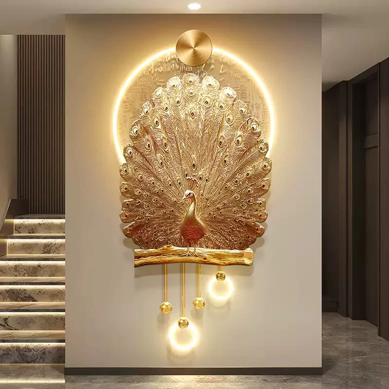 

Luxury-glamorous golden peacock entrance wall LED mural, high-end corridor entrance door with three-dimensional illuminated wall