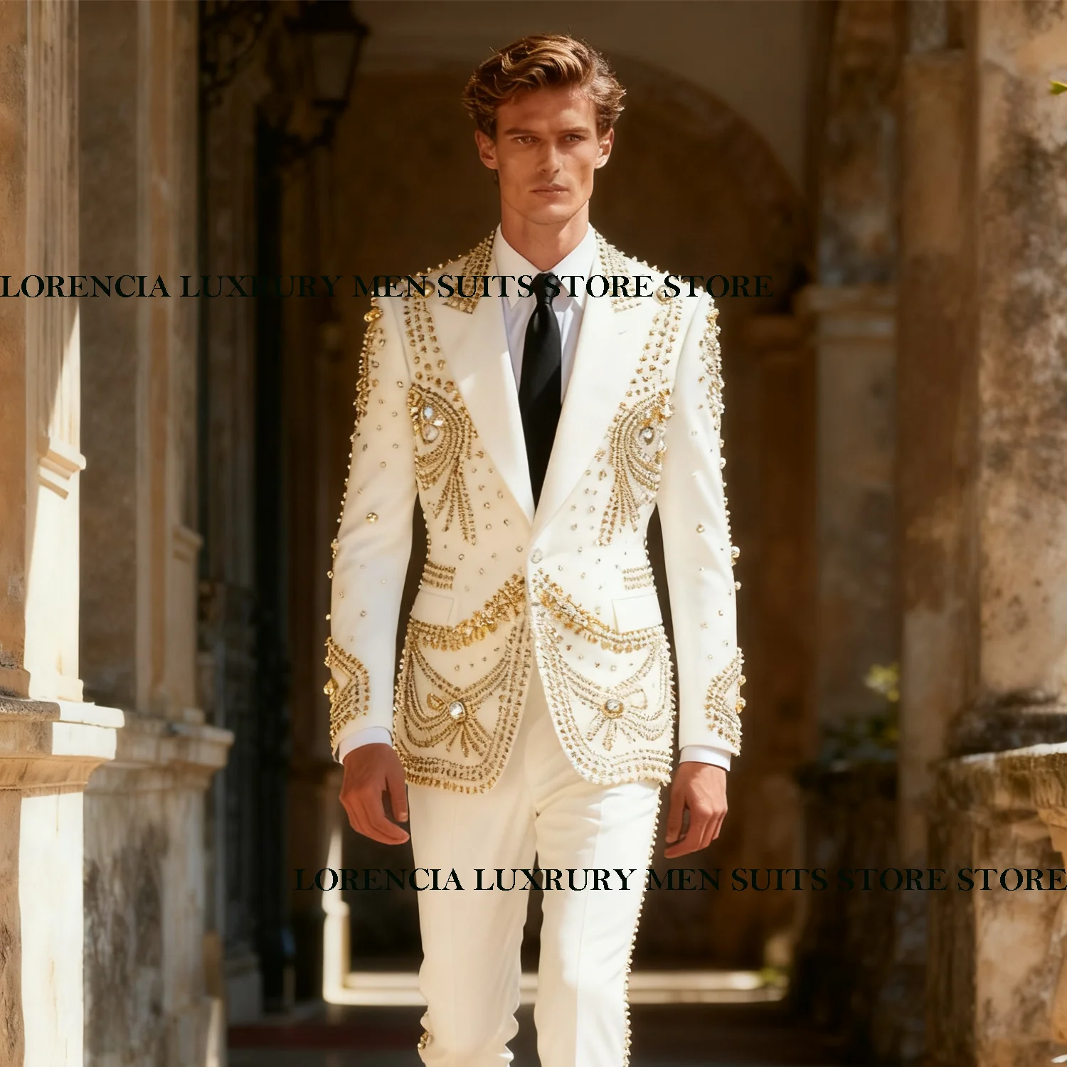 

Customized High End Diamond Crystals Men Suits 2 Pieces Sets Groom Male Blazers Slim Fit Wedding Party Tuxedos Ropa hombre