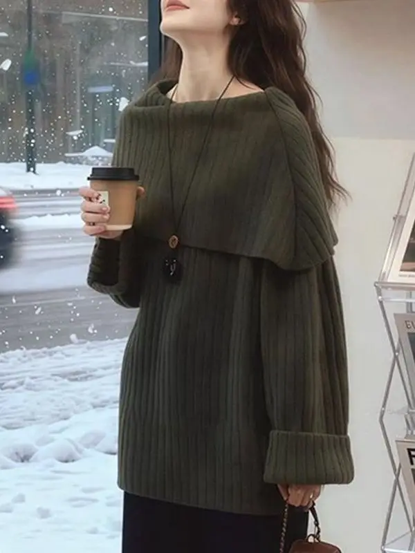 

Мягкий свитер оверсайз с длинными рукавами и отложным воротником для женщин, осенне-зимний, свободный, вязаный, визуально стройнящий