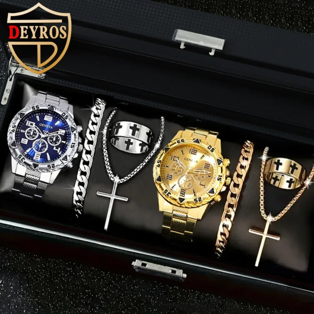 

8 Pcs/Set Men's Fashion Watch Set Round Dial Watches Bracelets Necklaces Rings Zinc Alloy Jewelry Set Ideal for Gift Giving