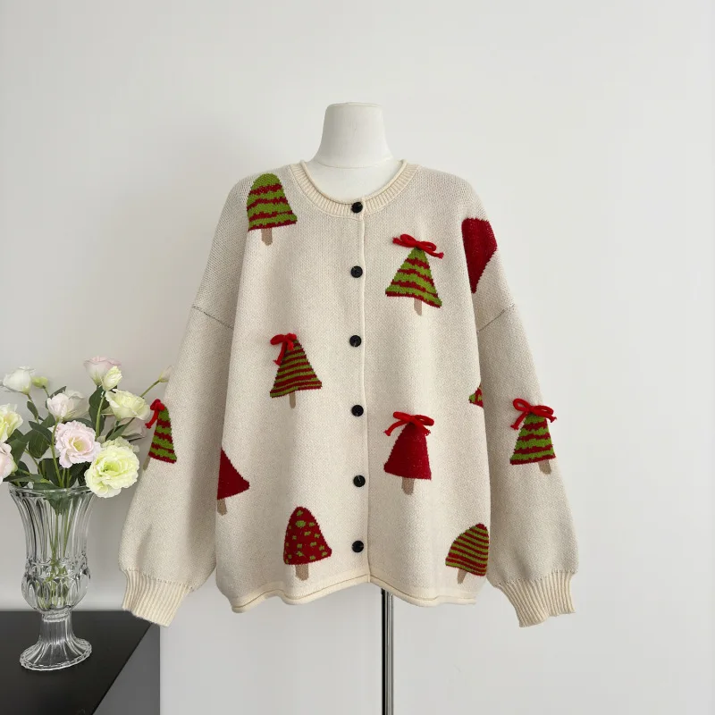 Cardigan lavorato a maglia jacquard albero di Natale per donna 2025 Inverno Nuovo stile pigro Cappotti monopetto Maglione a maniche lunghe con scollo a O
