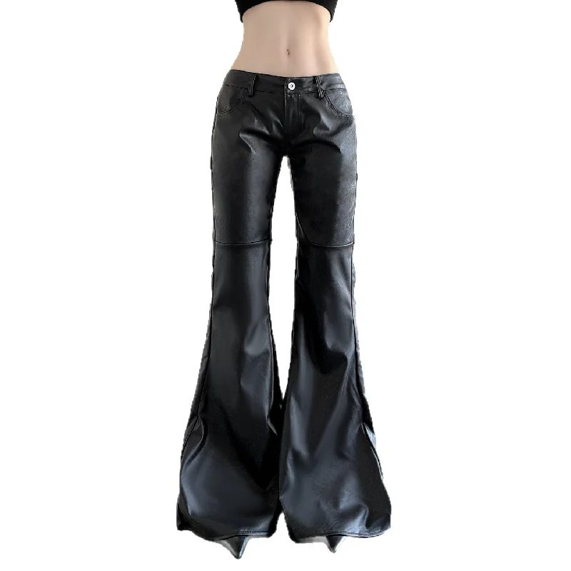 Dark Style Spicy Girl Personality Low Waist Leather Pants 2025 Autumn And Winter New Pu Leather Trumpet Pants