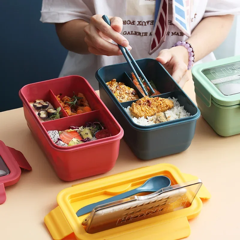 1400ML Portable Plastic Lunch Box Bento Case Chopsticks Spoons Microwae Heating Leak-Proof Food Storage Container Tableware