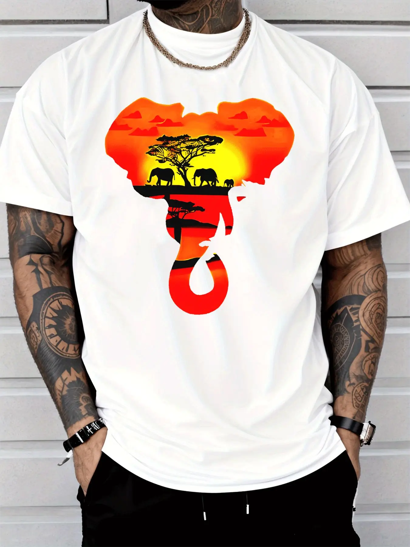 African Sunset Elephant Silhouette Mens Print T Shirt Wild Nature Graphic Tee Casual Short Sleeve Top Wildlife Lover Gift