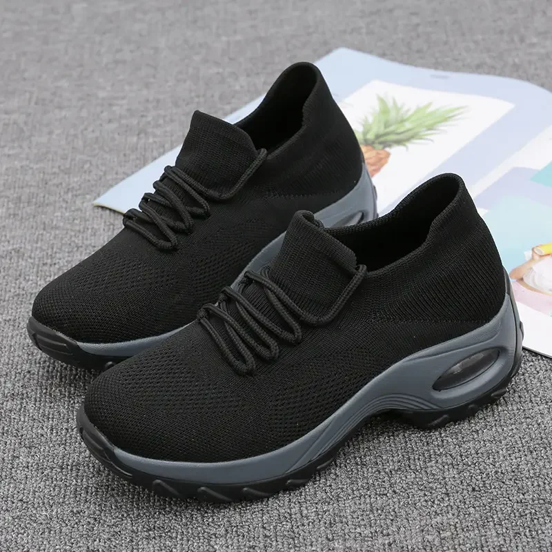 Women Tennis Shoes Air Cushion Red Sports Shoes High Heels Mesh Lace-up Female Sock Footwear Outdoor Thick Bottom Women Sneakers