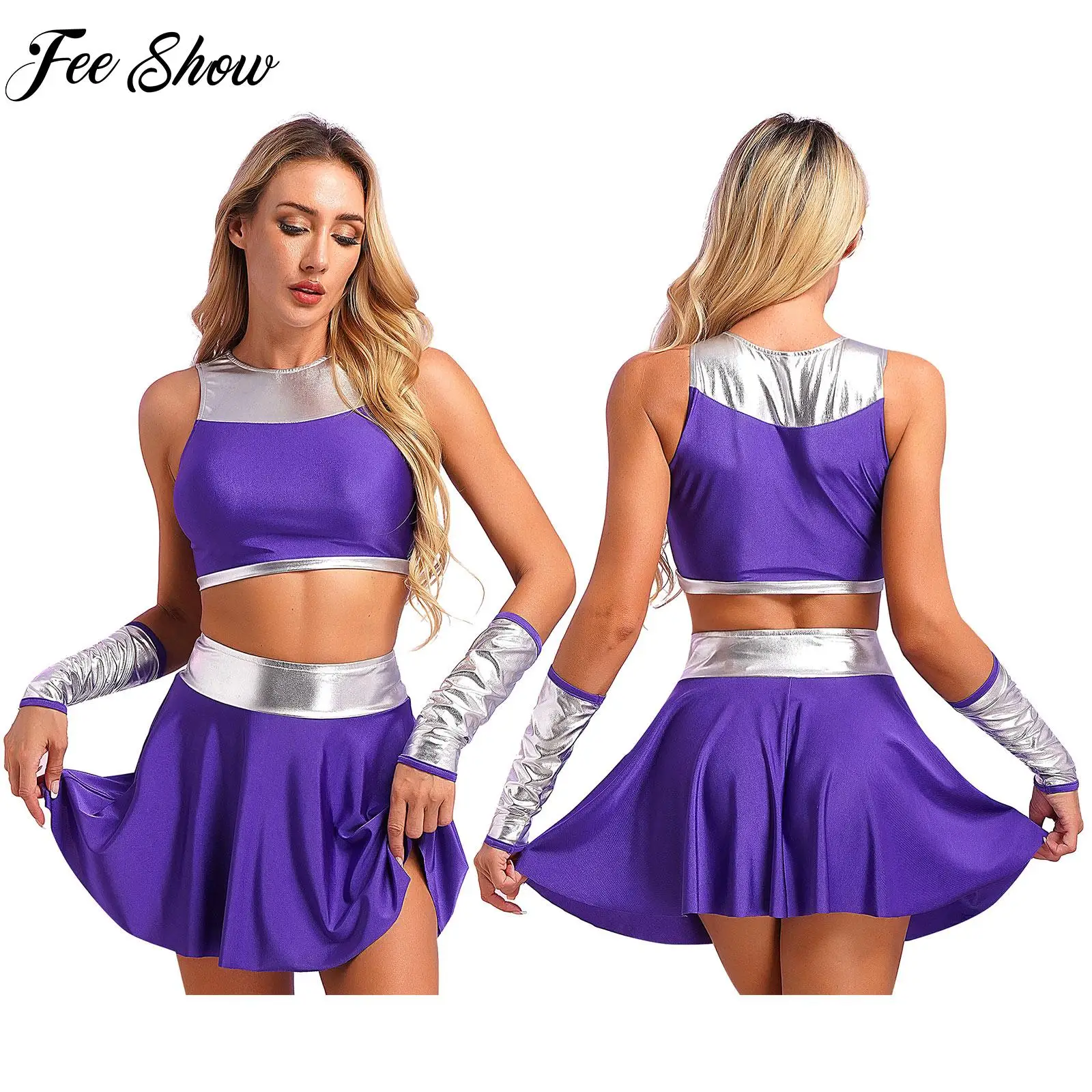 

Womens Anime Princess Costume Suit Halloween Cosplay Costume Crop Top with Miniskirt Gloves Outfit for Masquerade Party Clubwear