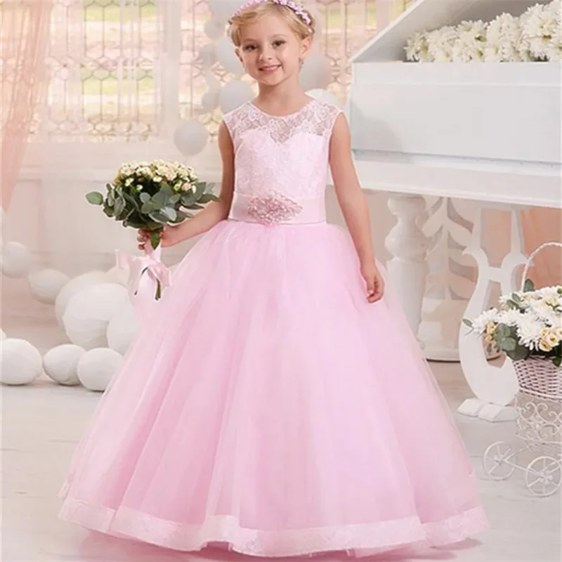 Vestido de flor rosa simples para bebê, laço, tule, cinto frisado, casamento da princesa, festa de aniversário, primeira comunhão