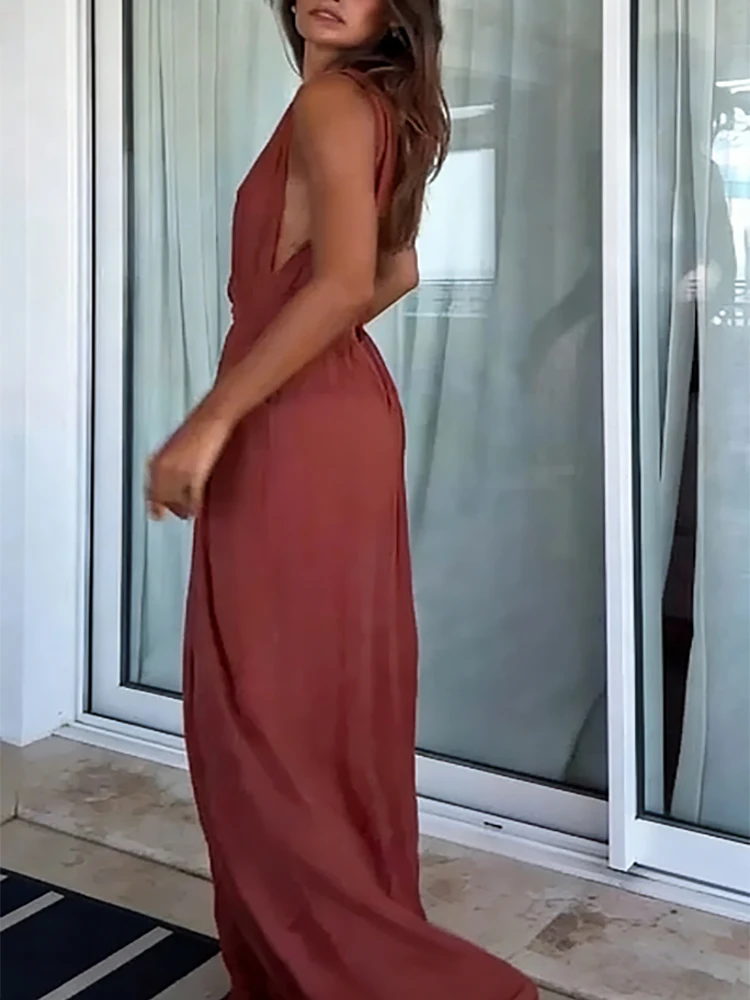 Barboteuse de plage plissée, décontractée, décontractée, décolleté en V profond, sans manches, ample, Simple, couleur unie, taille à lacets, combinaison pour femmes, été