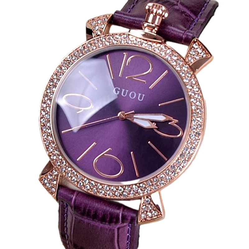 

GUOU purple rose gold women luxury brand full rhinestone watch ladies genuine leather band quartz watch women famous wristwatch