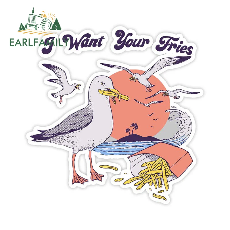 

EARLFAMILY 13cm X 13cm I Want Your Fries Car Sticker Window Bumper Laptop Decals Funny Seagull Stickers Cartoon Car Styling