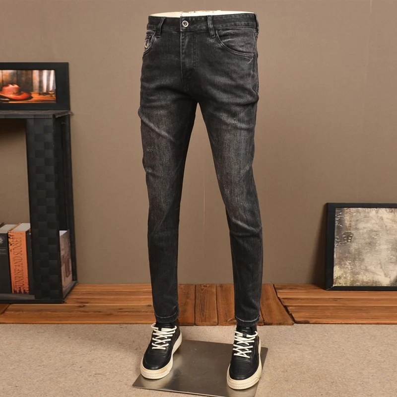 Streetwear Fashion Men Jeans Retro Black Gray Stretch Slim Fit Vintage Jeans Men Trousers Embroidery Designer Denim Pants Hombre