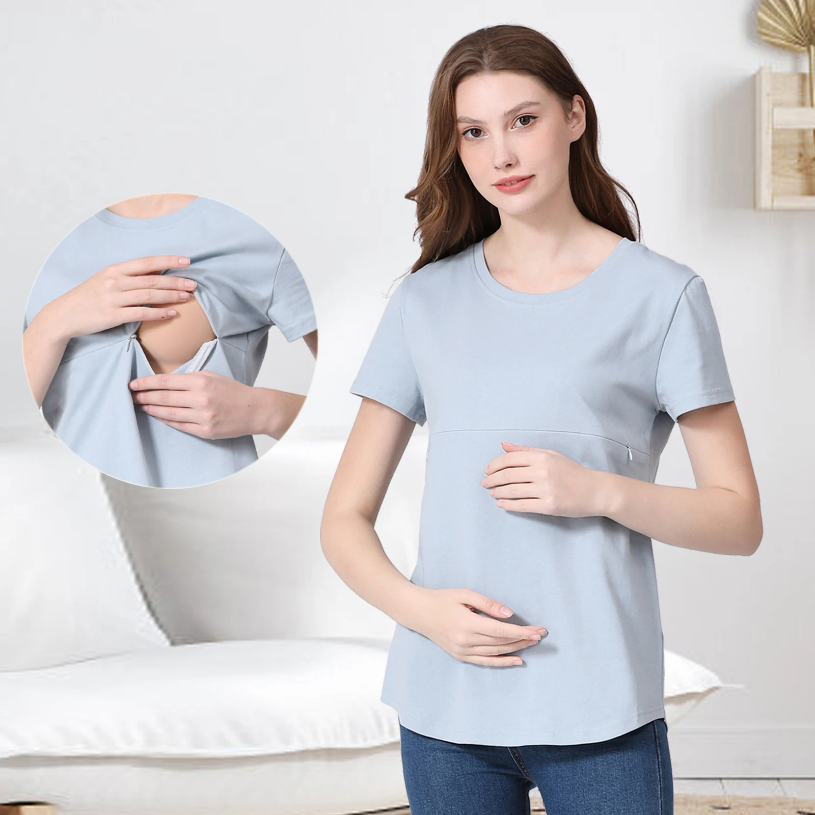 T-shirt maternidade com manga curta para as mulheres grávidas, roupas de maternidade, de algodão, com zip, tamanho grande 5xl