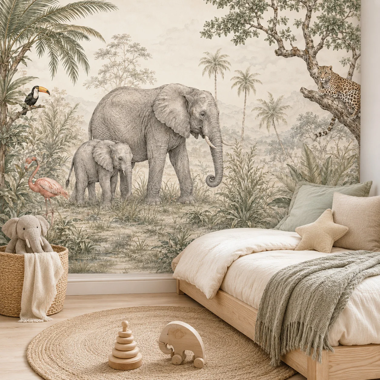 Vintage Safari Jungle Wall Mural Wallpaper, Elephant Family Leopard Tropical Animal Nursery Kids Room Decor, Paste Required
