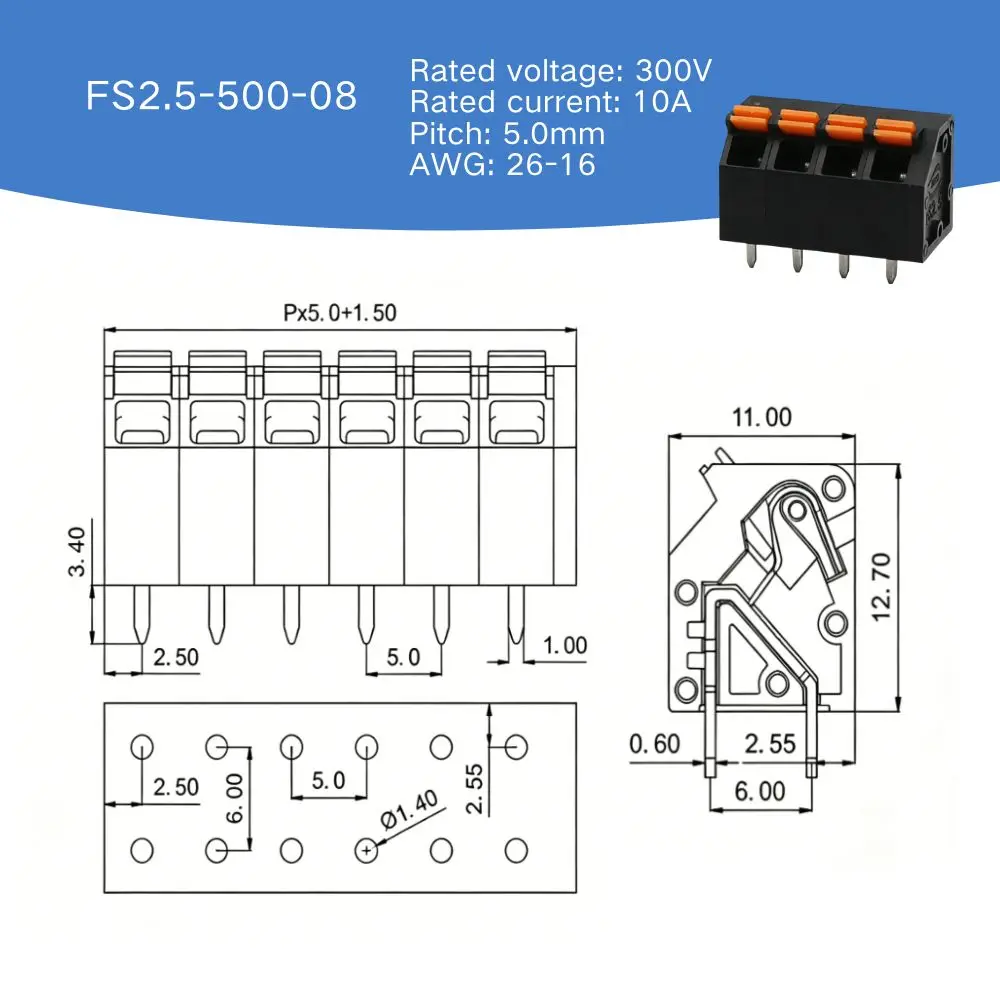 100PIN 5.0mm Single layer Screwless Fast Wiring Terminal Block KF550/0152 5.0mm Spring Phoenix PCB Connector