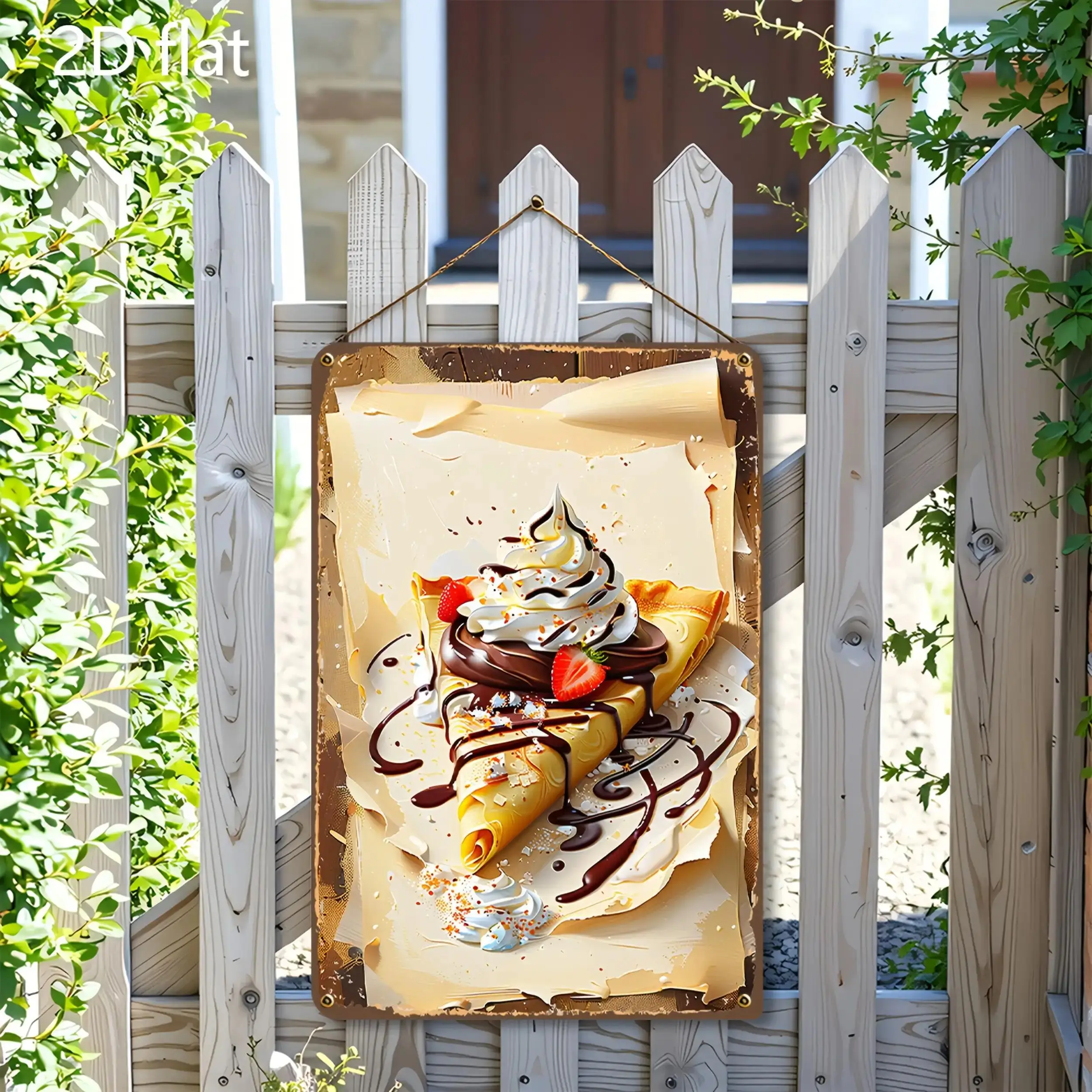 2D Flat - Vintage Tin Wall Art Featuring a Chocolate Strawberry Ice Crepe Design with Whipped Cream And Sprinkles