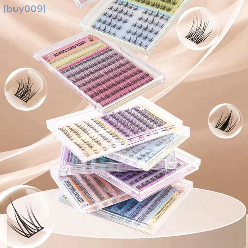 【buy009】100-160 وصلة رموش العنقودية لا حاجة إلى غراء الرموش العنقودية خالية من الغراء 10-13 مم D حليقة ذاتية اللصق