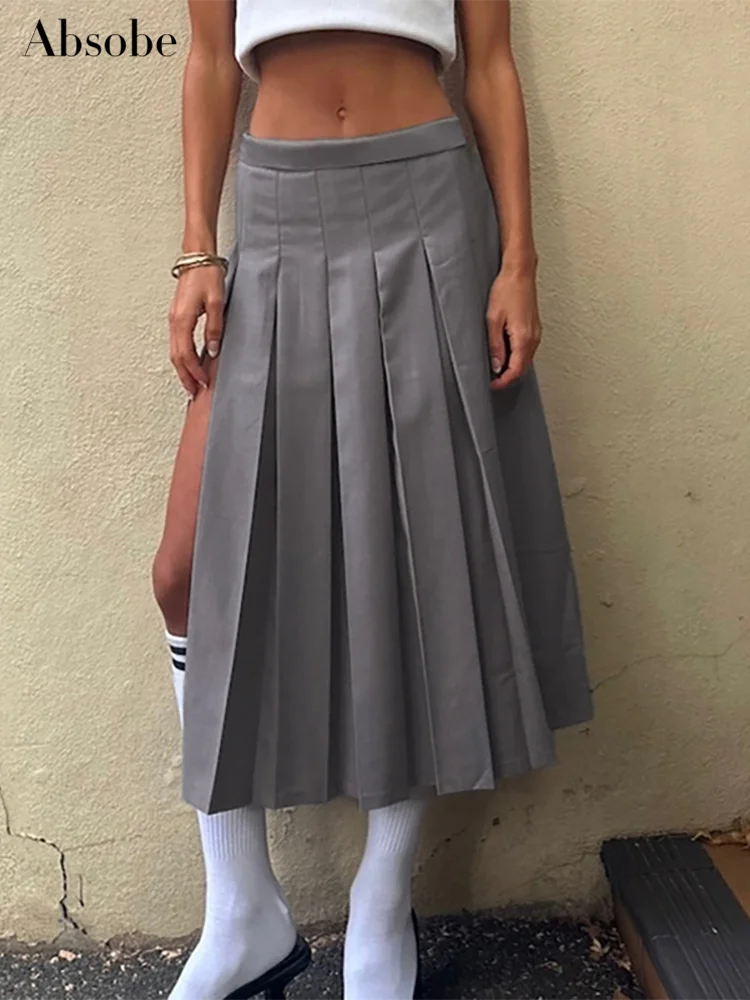 

Absobe A-Line Pleated Split Midi Skirt Women Dress Mid-rise Schoolgirl Mid-length Skirt American Casual Hottie Outfit Streetwear